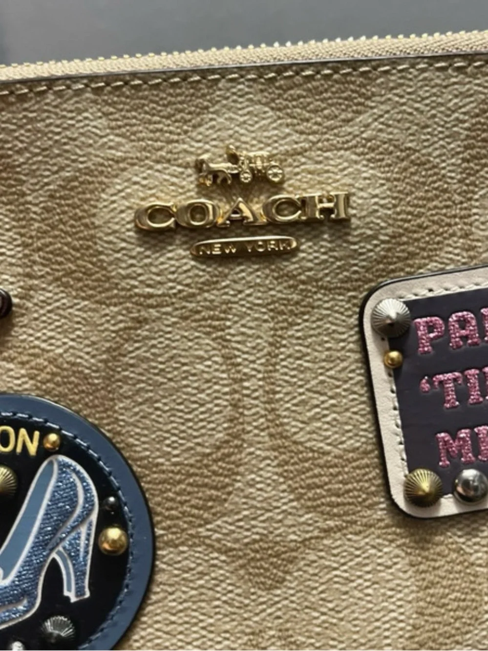 Coach Gold Metallic Wristlet with Party Till Midnight Patch